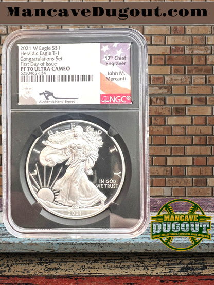 2021 American Silver Eagle – Type 1 - NGC PF 70 Ultra Cameo • First Day of Issue - Congratulations Set • John Mercanti Signed Label