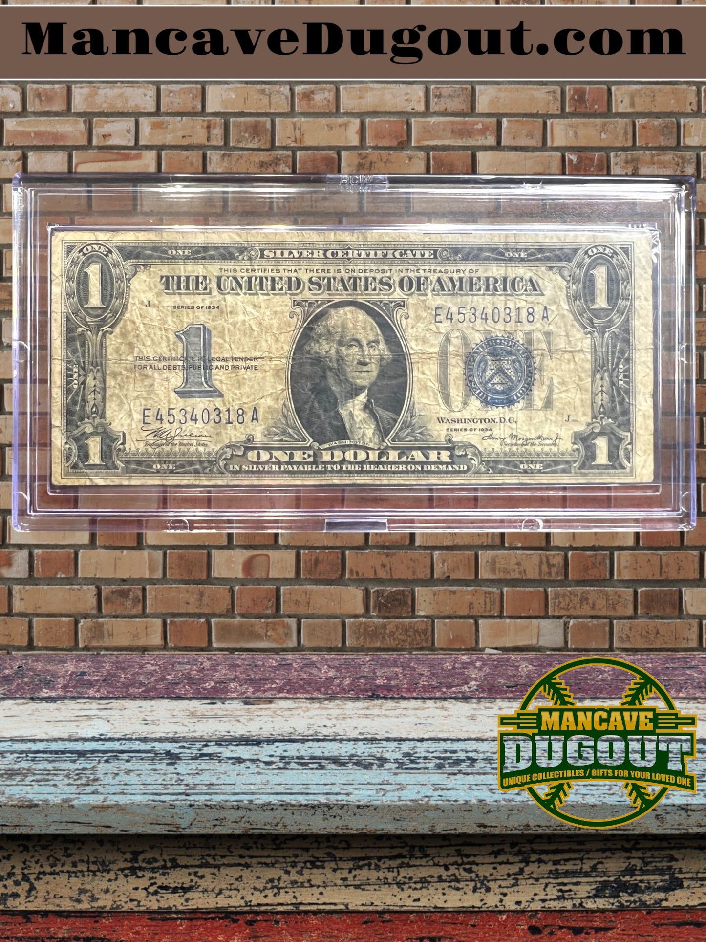 1934 $1 Silver Certificate – “Funny Back” – Historic U.S. Currency (Good+) Circulated  – Sealed in Premium BCW Hard Display Case