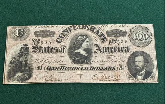 1864 Confederate States of America $100 Dollar Note Currency-High Grade Richmond