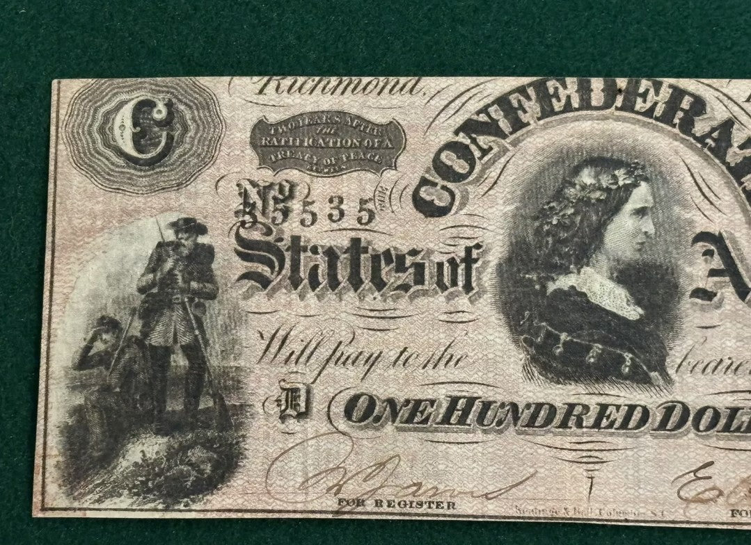 1864 Confederate States of America $100 Dollar Note Currency-High Grade Richmond