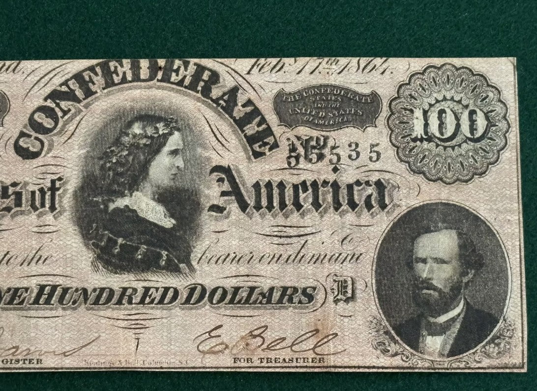 1864 Confederate States of America $100 Dollar Note Currency-High Grade Richmond