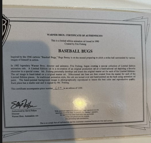 Bugs Bunny Baseball Bugs L/E Animated Cel Signed Friz Freleng 1990-#649/1200