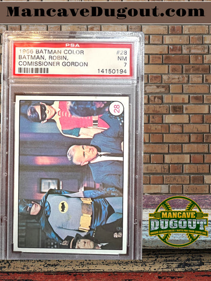 1966 Topps Batlaffs #28 – Batman & Robin & Commissioner - PSA 7