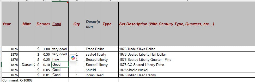1876 Coin Set - C