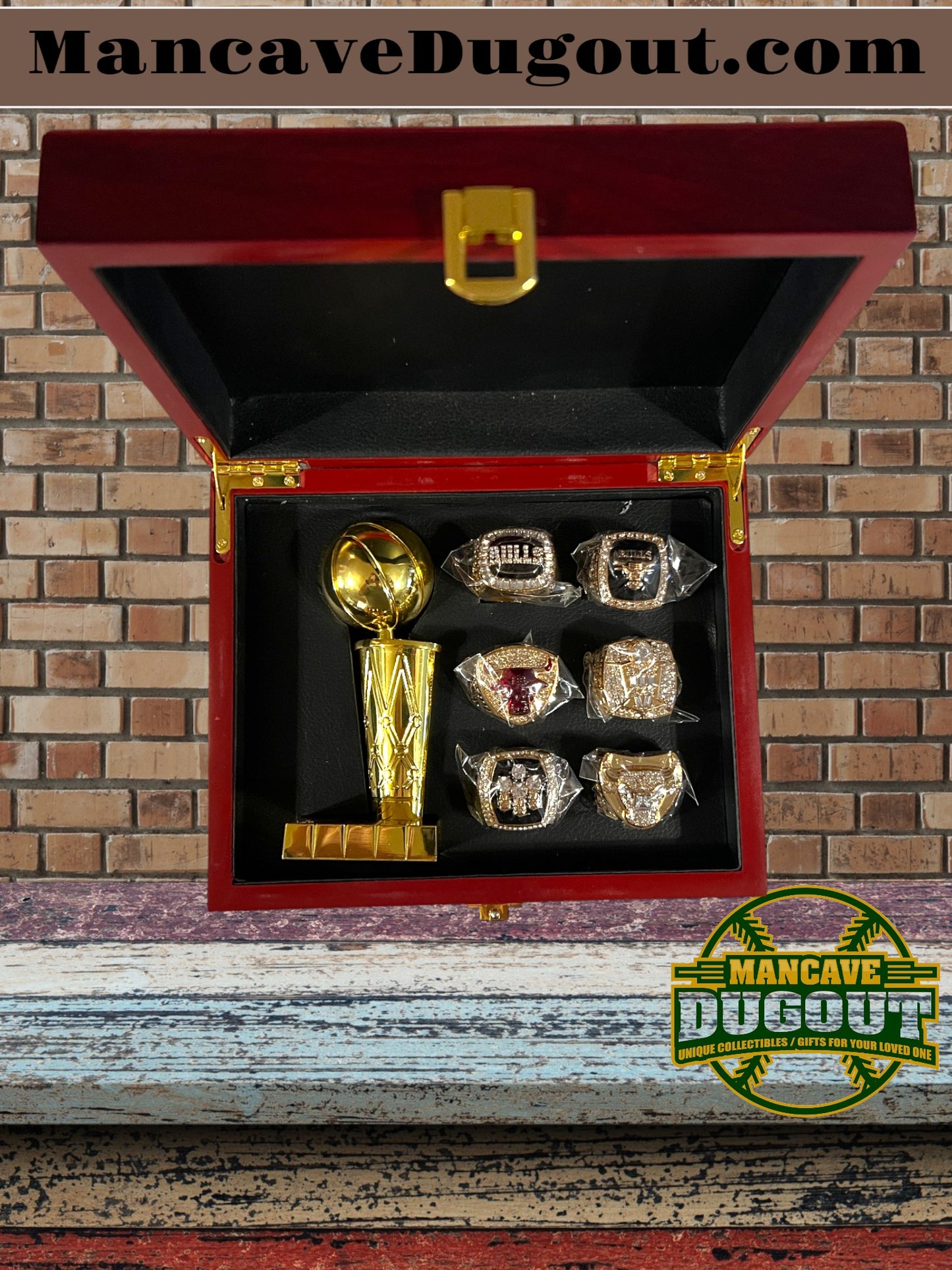 6 set Chicago Bulls NBA Championship Souvenir Rings with Wooden Box and Trophy