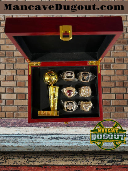 6 set Chicago Bulls NBA Championship Souvenir Rings with Wooden Box and Trophy
