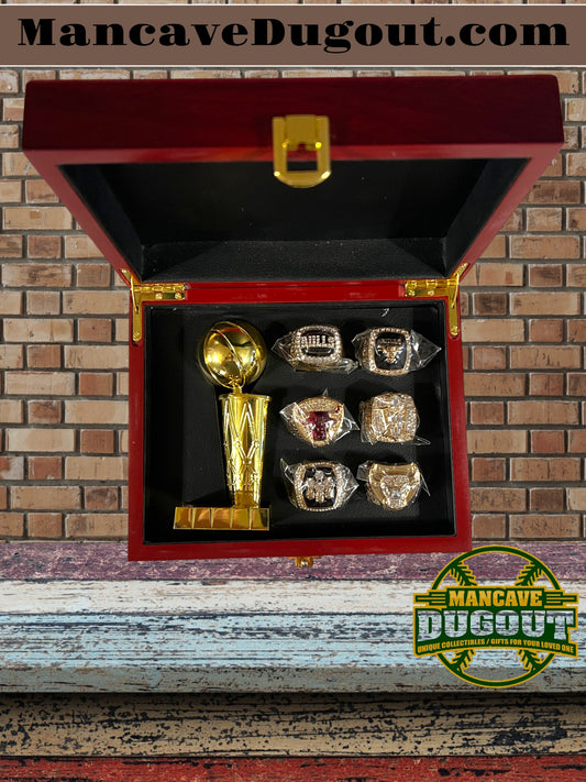 6 set Chicago Bulls NBA Championship Souvenir Rings with Wooden Box and Trophy