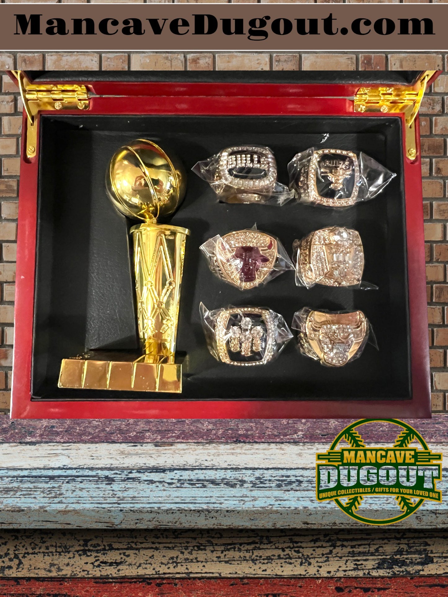 6 set Chicago Bulls NBA Championship Souvenir Rings with Wooden Box and Trophy