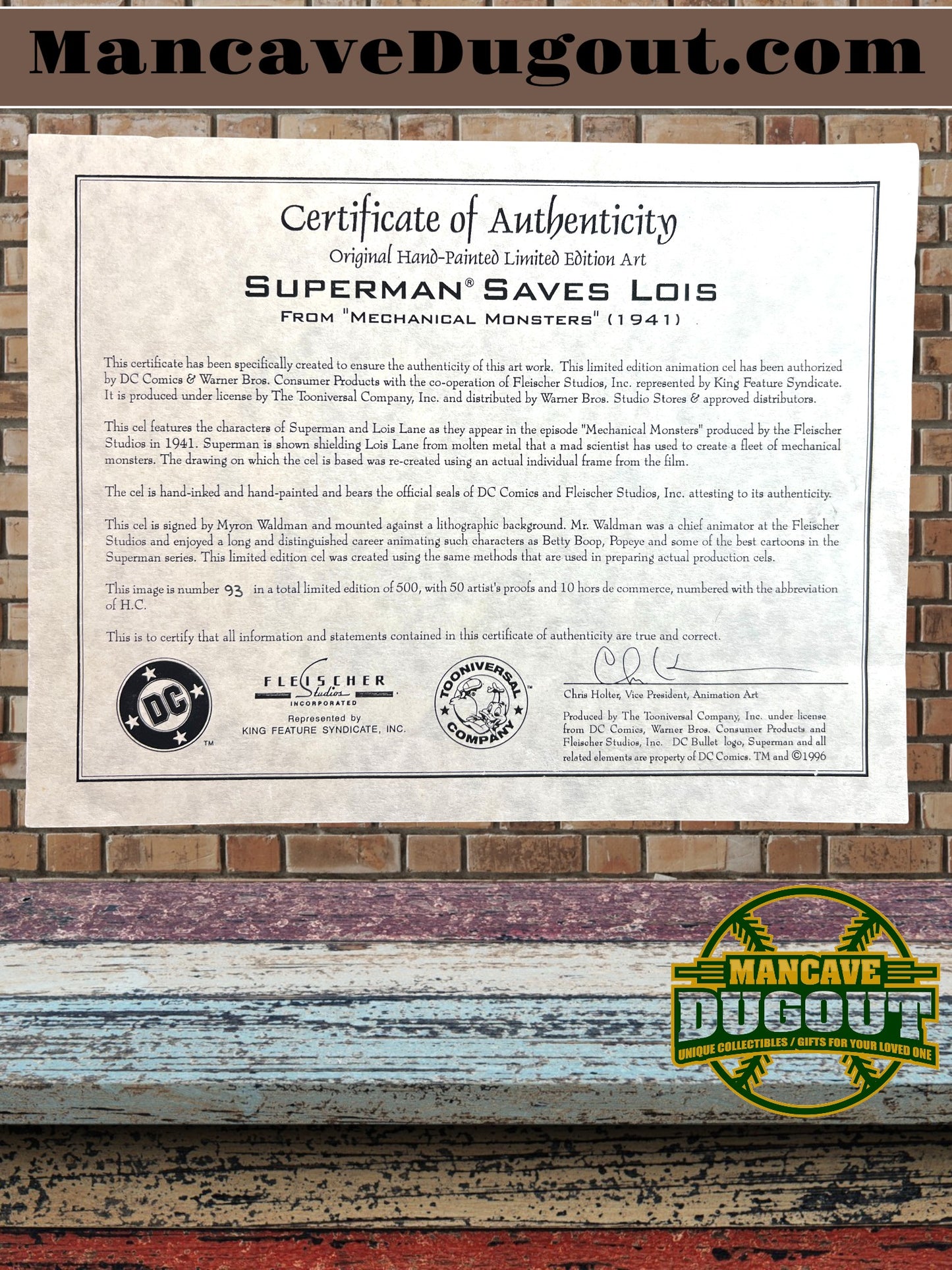 Superman Saves Lois- signed by Myron Waldman hand Signed Painted Cel Artwork - #93/500