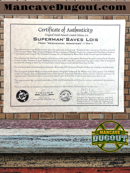 Superman Saves Lois- signed by Myron Waldman hand Signed Painted Cel Artwork - #93/500