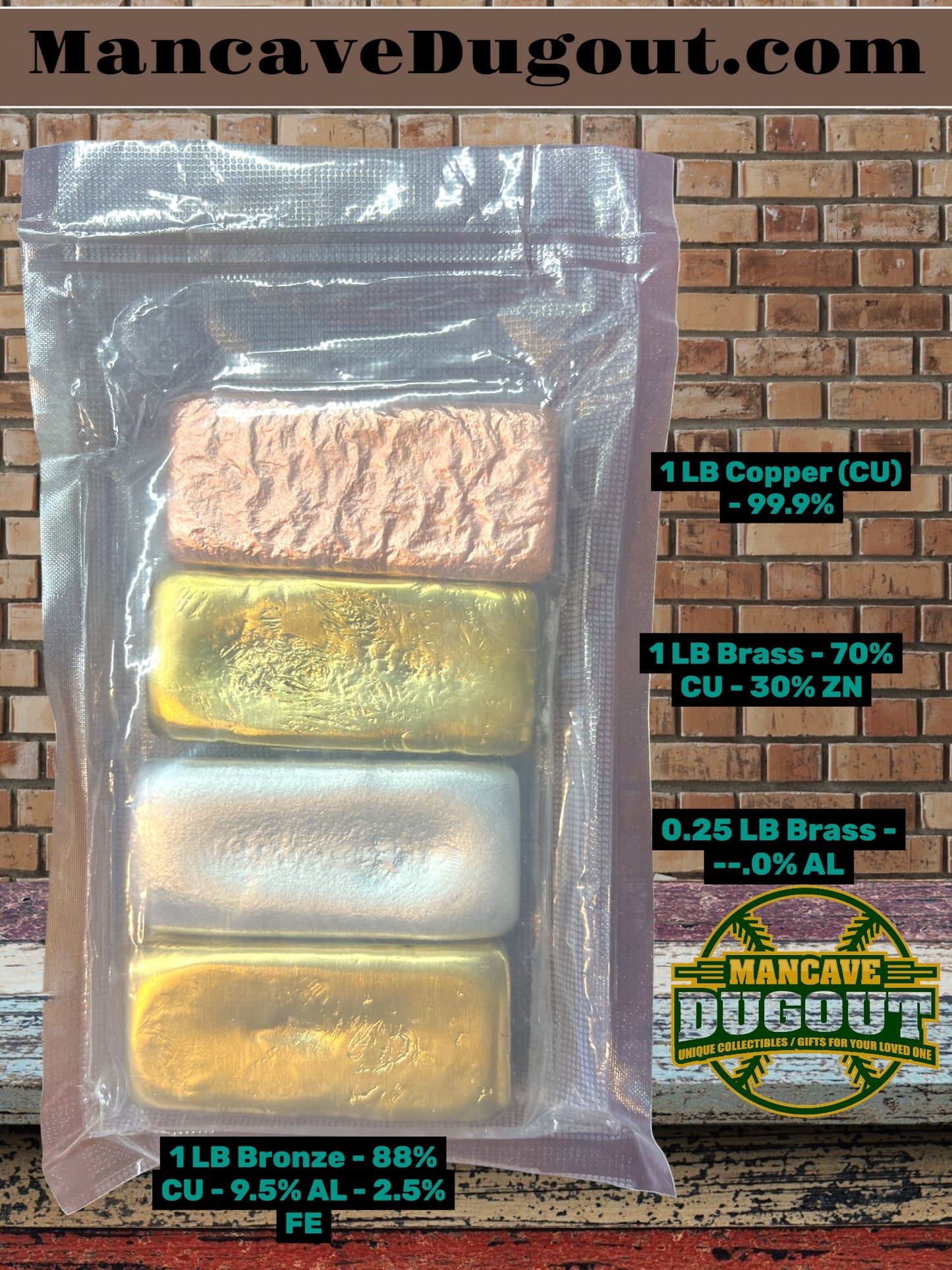Ingot Assortment 1lb Copper, 1lb Bronze, 1lb Brass, & 1/4lb Aluminum Ingot Set.