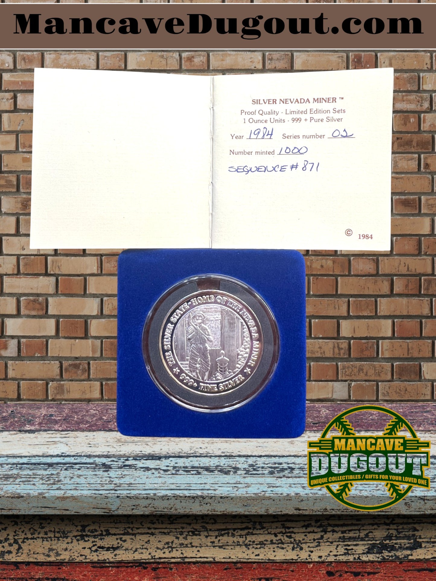 1984 “Nevada Miner” Silver Round – Only 1,000 Minted – Serial #871 – 1 oz .999 Fine Silver