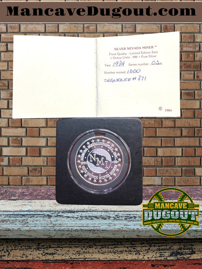 1984 “Nevada Miner” Silver Round – Only 1,000 Minted – Serial #871 – 1 oz .999 Fine Silver