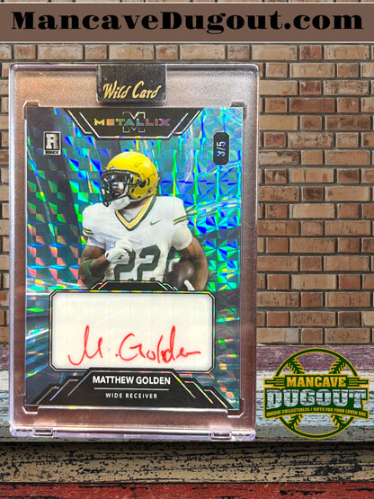 2025 Wild Card Metallix - Matthew Golden – Auto Rookie Card -Blue Light Prism Foil – Serial 3/5 – Still in Original Case
