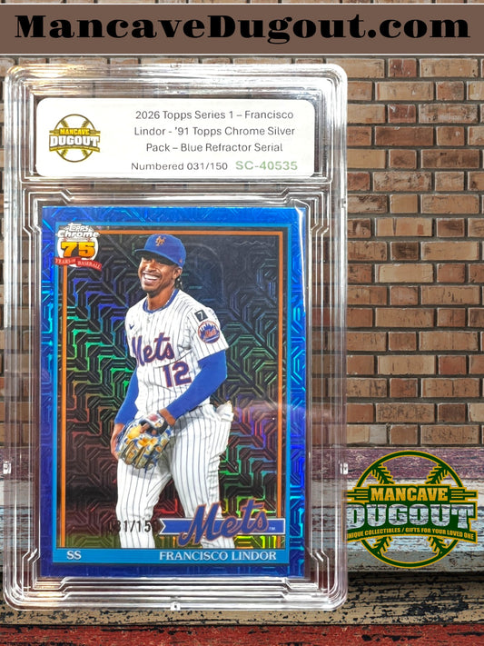 2026 Topps Series 1 – Francisco Lindor - ’91 Topps Chrome Silver Pack – Blue Refractor Serial Numbered 031/150