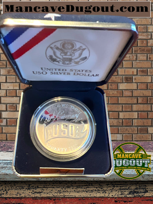 1991 USO 50th Anniversary Silver Dollar Proof in OGP with COA