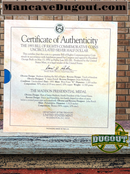 1993 Bill of Rights Silver Half Dollar - Young Collector with James Madison Medal