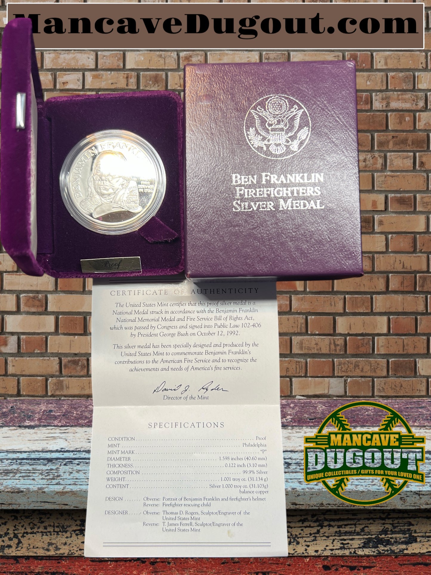 1992-P Ben Franklin Firefighters 1 oz Proof Silver Medal w US Mint OGP Box & COA