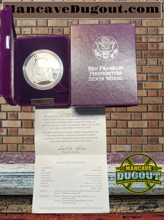 1992-P Ben Franklin Firefighters 1 oz Proof Silver Medal w US Mint OGP Box & COA