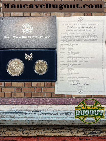 1995 World War II 50th 1991-1995 WWII 2 Coin Silver Dollar and 50c WW2-Uncirc