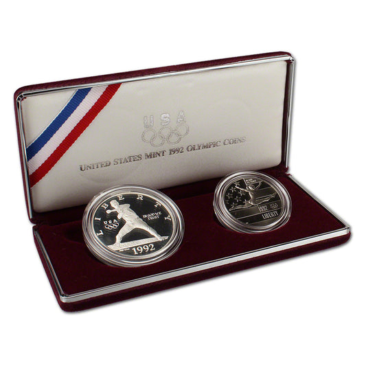 1992 US Mint USA Olympic Silver 2 Coin Uncirculated Set, Box, COA