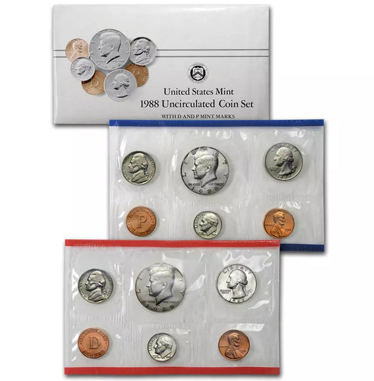 A 1988 P&D Mint Set in US Mint Cello - 10 Coin Set - Brilliant Uncirculated - with Envelope and COA