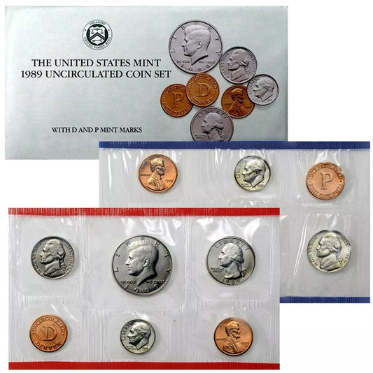 A 1989 P&D Mint Set in US Mint Cello - 10 Coin Set - Brilliant Uncirculated - with Envelope and COA