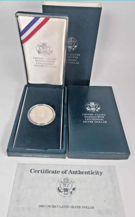 1990 US Mint Eisenhower Centennial Uncirculated Silver Dollar OGP