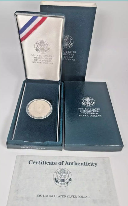 1990 US Mint Eisenhower Centennial Uncirculated Silver Dollar OGP