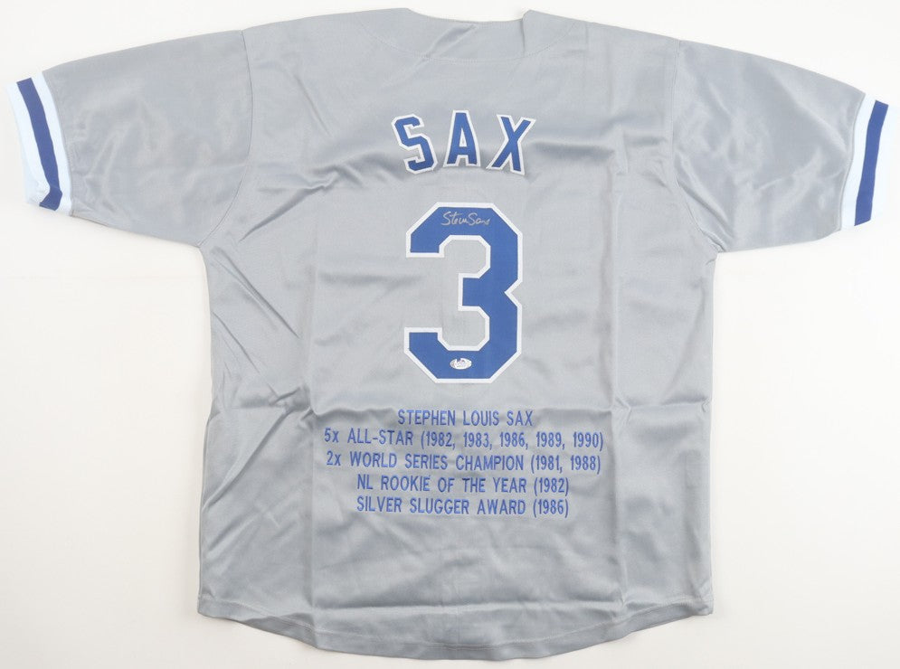 Steve Sax Signed Career Highlight Stat Jersey (PSA) - LA Dodgers