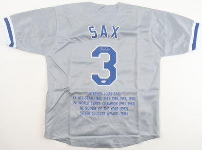 Steve Sax Signed Career Highlight Stat Jersey (PSA) - LA Dodgers