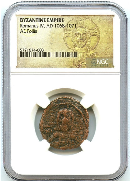 1068 AD Byzantine Empire Bronze AE Follis Romanus IV, Jesus Obverse, NGC Graded