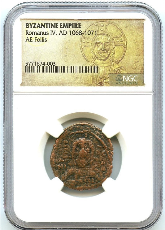 1068 AD Byzantine Empire Bronze AE Follis Romanus IV, Jesus Obverse, NGC Graded