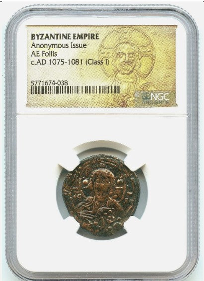1075 AD, Byzantine Empire Bronze AE Follis Class-1, Jesus Obverse, NGC Graded