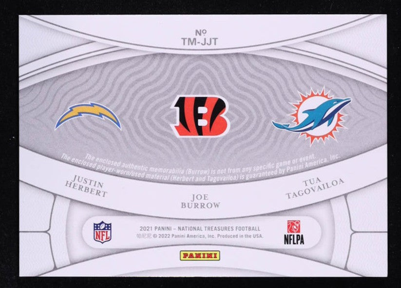 Joe Burrow / Justin Herbert / Tua Tagovailoa 2021 Panini National Treasures NFL Gear Trio Materials #13 #87/99