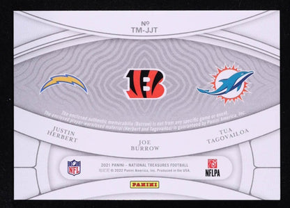 Joe Burrow / Justin Herbert / Tua Tagovailoa 2021 Panini National Treasures NFL Gear Trio Materials #13 #87/99