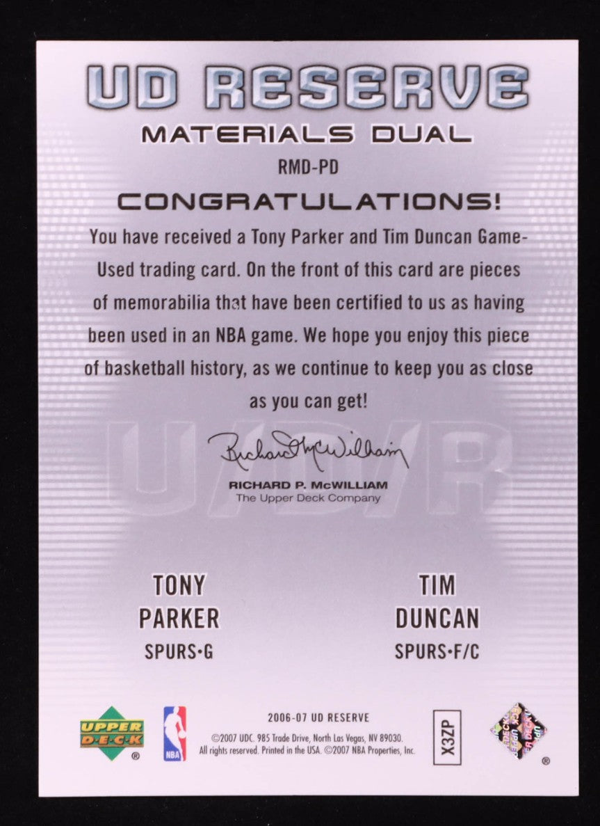 2006-07 - Tony Parker / Tim Duncan UD Reserve Materials Dual #PD #38/50