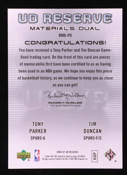 2006-07 - Tony Parker / Tim Duncan UD Reserve Materials Dual #PD #38/50