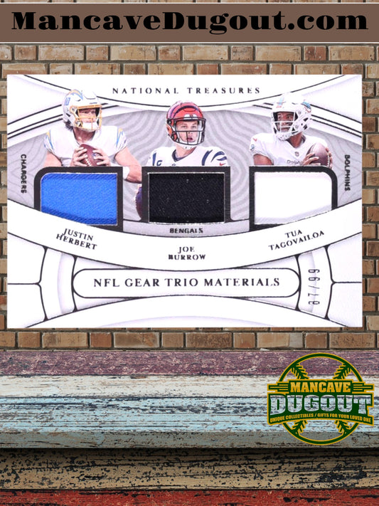 Joe Burrow / Justin Herbert / Tua Tagovailoa 2021 Panini National Treasures NFL Gear Trio Materials #13 #87/99