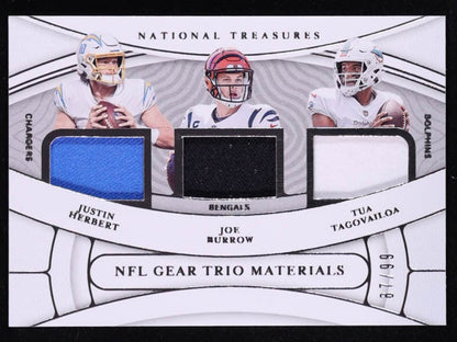 Joe Burrow / Justin Herbert / Tua Tagovailoa 2021 Panini National Treasures NFL Gear Trio Materials #13 #87/99