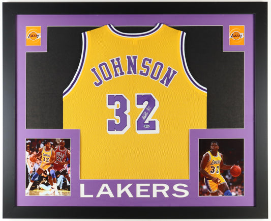 Magic Johnson Signed Custom Framed Jersey Display (Beckett) - Los Angeles Lakers
