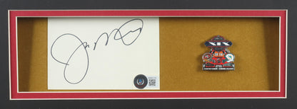 Joe Montana Signed Custom Framed Cut Display With Super Bowl XIX Official Pin & (2) Team Logo Patches (Beckett)