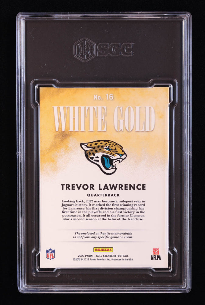 Trevor Lawrence 2023 Panini Gold Standard White Gold Materials #16 #046/299 (SGC 10)