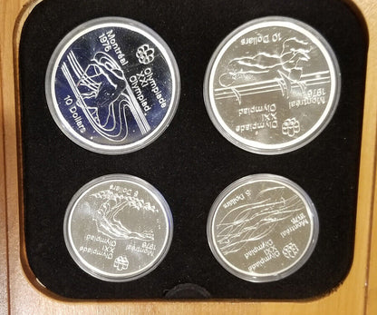 1976 - Canada 4 pc Olympic Coins, Series 5, Gem Cameo Proof w/Wooden Case.