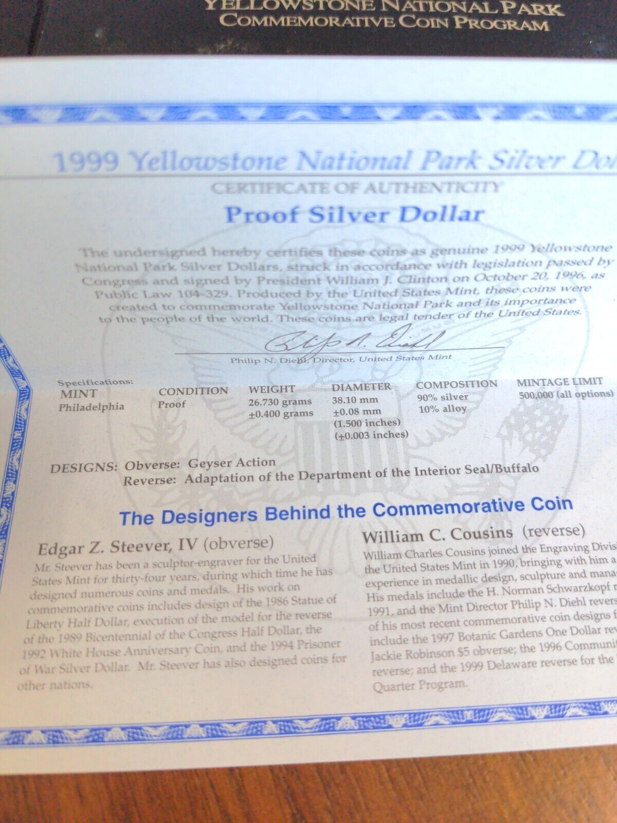 1999 P Yellowstone National Park Proof Commemorative 90% Silver Dollar US Coin