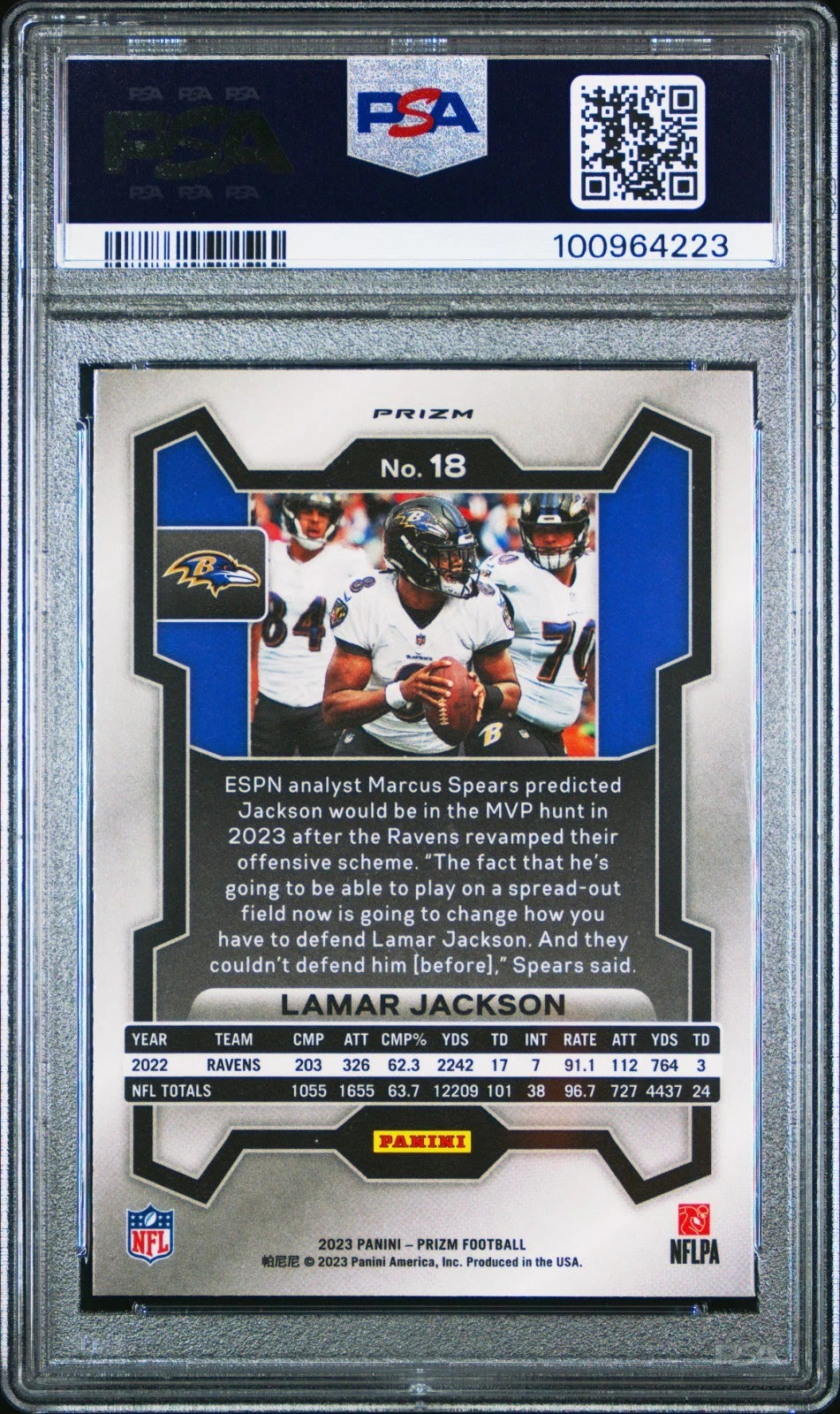 2023 Panini Prizm – Lamar Jackson #18 Neon Green Pulsar Prizm (PSA 9)