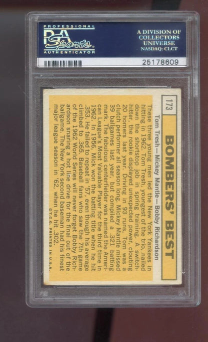 1963 Topps #173 Bombers’ Best – Mantle / Tresh / Richardson – PSA 3