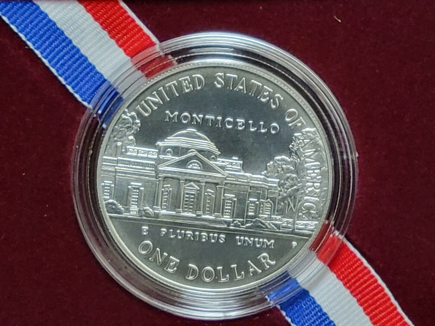 1993 P Thomas Jefferson 250th UNCIRC Silver Dollar Commemorative $1 Coin Box COA