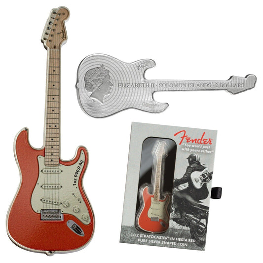2022 1 oz Silver Fender Stratocaster Fiesta Red Guitar Coin Solomon Islands Pamp