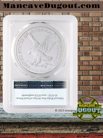 2023 $1 American Silver Eagle - PCGS MS70 • First Strike • Blue Flag Label • 1 oz .999 Fine Silver